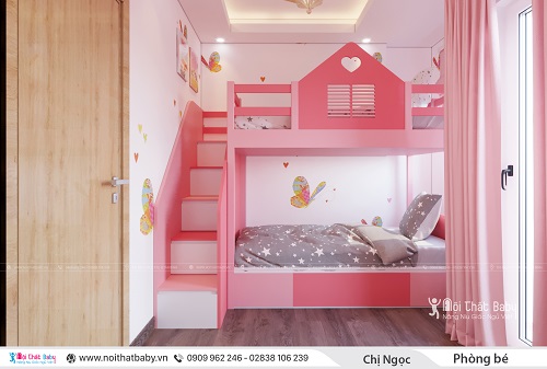 Giường tầng bé gái màu hồng dễ thương